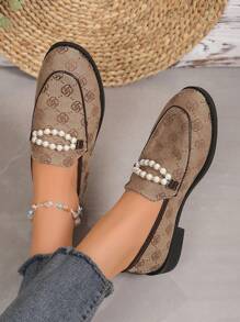 Women's Pearl Decor Round Toe Slip-On Loafers, Thick Sole Comfort Casual Oxford Shoes In Khaki