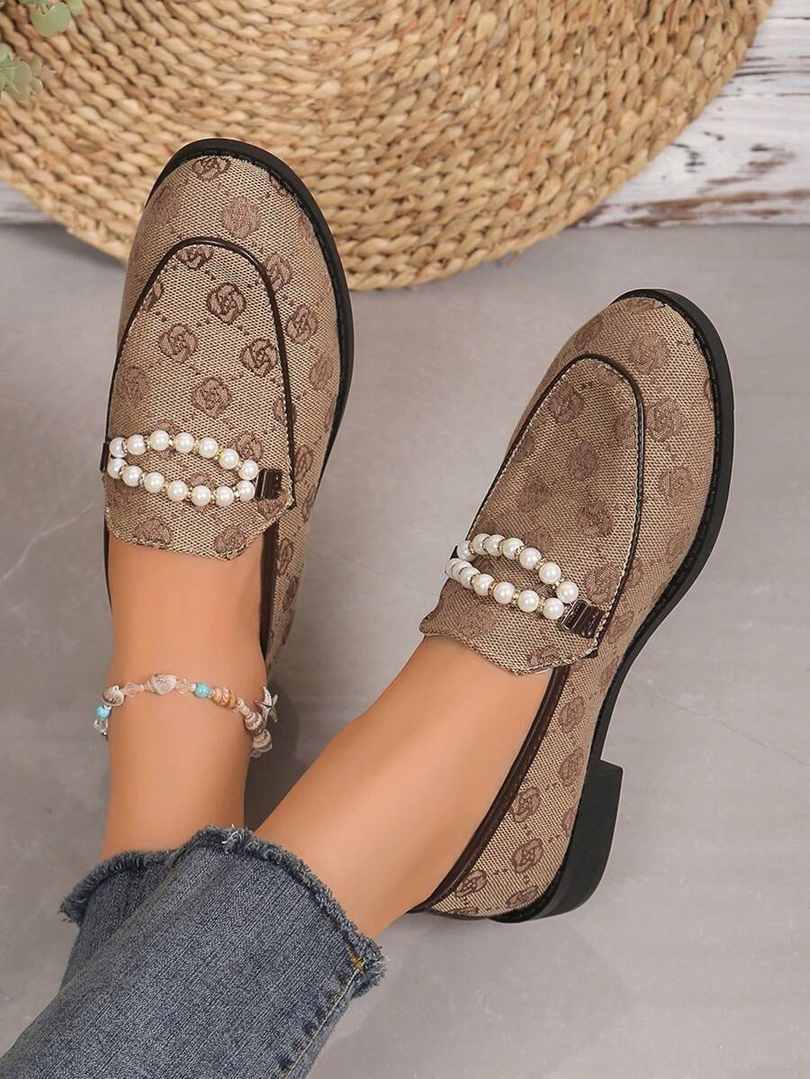 Women's Pearl Decor Round Toe Slip-On Loafers, Thick Sole Comfort Casual Oxford Shoes In Khaki