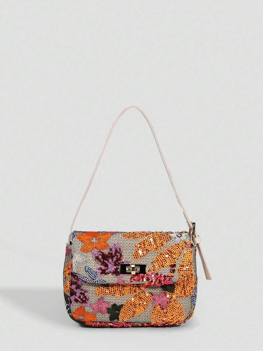 Sequin Embroidery Shoulder Bag, Women's Fashion Flower Embroidery Flip Underarm Bag, Contrasting Sequin Splicing Metal Lock Dinner Bag, PP Straw Splicing Random Embroidery Flower Zipper Shoulder Bag,Party Bag & Bride Bag, Perfect For Party,Wedding, Prom,Dinner/Banquet, Matching With Wedding Dress, Formal Dresses, Prom Dress, Birthday Dress, Party Dress