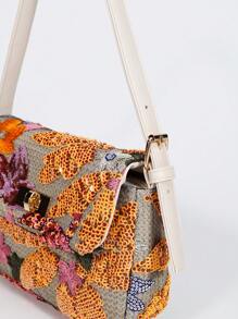 Sequin Embroidery Shoulder Bag, Women's Fashion Flower Embroidery Flip Underarm Bag, Contrasting Sequin Splicing Metal Lock Dinner Bag, PP Straw Splicing Random Embroidery Flower Zipper Shoulder Bag,Party Bag & Bride Bag, Perfect For Party,Wedding, Prom,Dinner/Banquet, Matching With Wedding Dress, Formal Dresses, Prom Dress, Birthday Dress, Party Dress - Multicolor - View 4