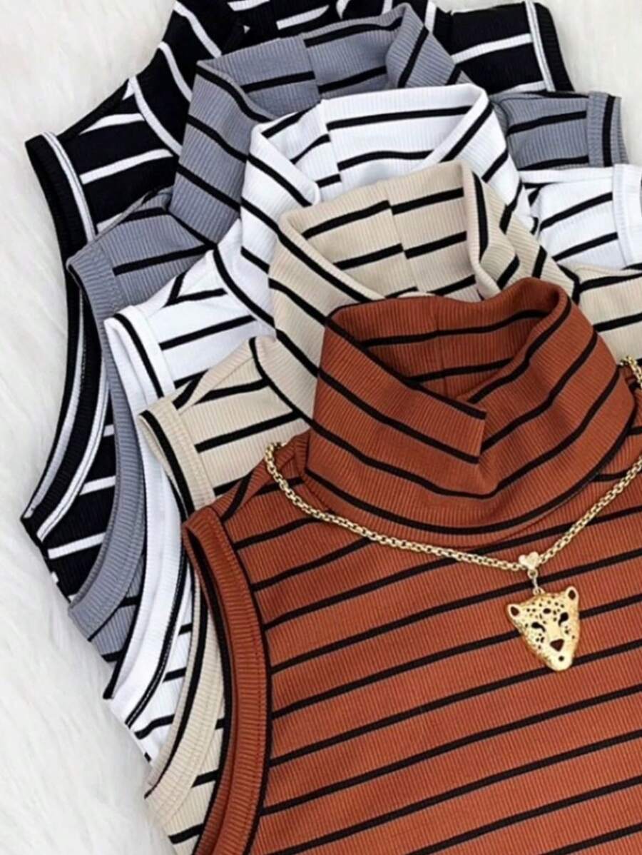 Winter Striped High Neck Tank Top - Xám - Xem 1