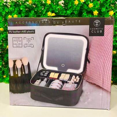 1 Pieza Bolsa de maquillaje de viaje con espejo, caja de almacenamiento de cosméticos de gran capacidad, bolsa de maquillaje portátil con espejo con luz LED y accesorios de maquillaje para bolsa de almacenamiento de viaje, bolsa de maquillaje, neceser, organizador de vacaciones, organizador de maquillaje de gran capacidad, estuche de maquillaje, para lápiz labial, pincel, cuidado de la piel, teléfono móvil, moneda, artículos pequeños, para el hogar, regalo, vacaciones y festival de Halloween, Navidad, uso multifuncional