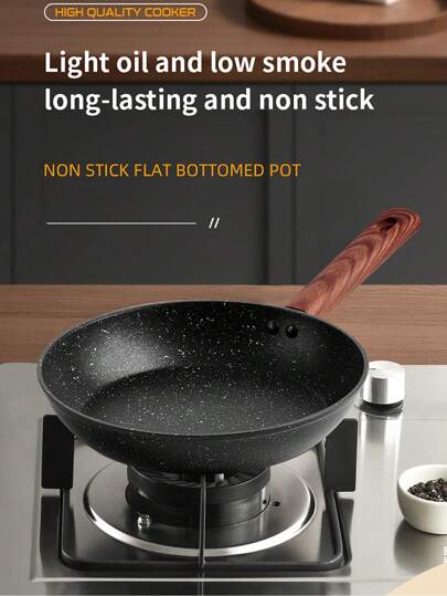 1pc Household Wok/Frying Pan, Non-Stick Cookware With Wooden Grain Handle, Suitable For Gas & Induction Cooktop Seafood Boil