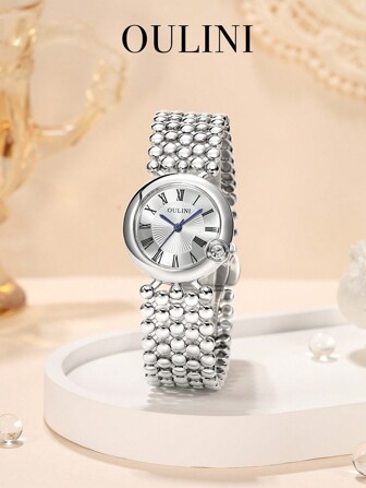 1pc OULINI Silver Women Quartz Watches, Affordable Back To School Watch, Elegant Casual Luxury Feel, Suitable For Daily Wear, Social Occasions, Vacation, Holidays, Gift For Friends Birthday, Comes With Watch Box And Strap Adjuster