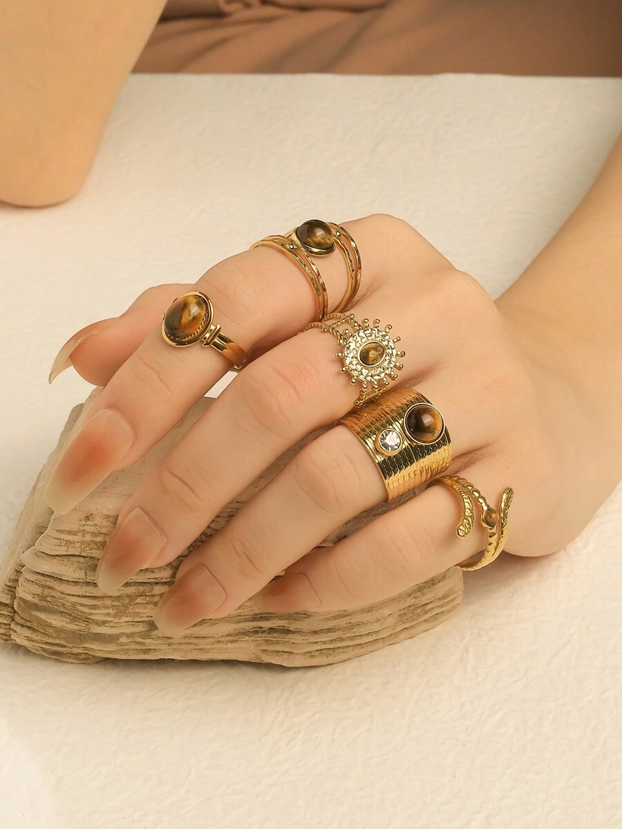 Bộ nhẫn hở nhiều lớp bằng thép không gỉ thời trang cổ điển màu nâu Zirconia đá tự nhiên thiết kế mặt trời, phù hợp cho phụ nữ đeo hàng ngày, Halloween, Ngày lễ tình nhân, Quà tặng ngày lễ Tạ ơn, Trang sức cho bạn bè, Tiệc du lịch Hawaii - Nhiều màu - Xem 1