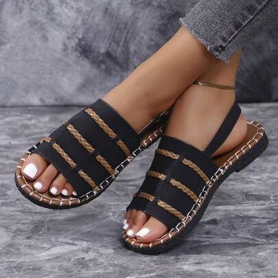 Women's Flat Sandals, Button Elastic Woven Slip-On Flat Sandals Slippers Solid Color Open Toe Non-Slip Slippers For Outdoor & Indoor, Black,Spring Summer Outfits