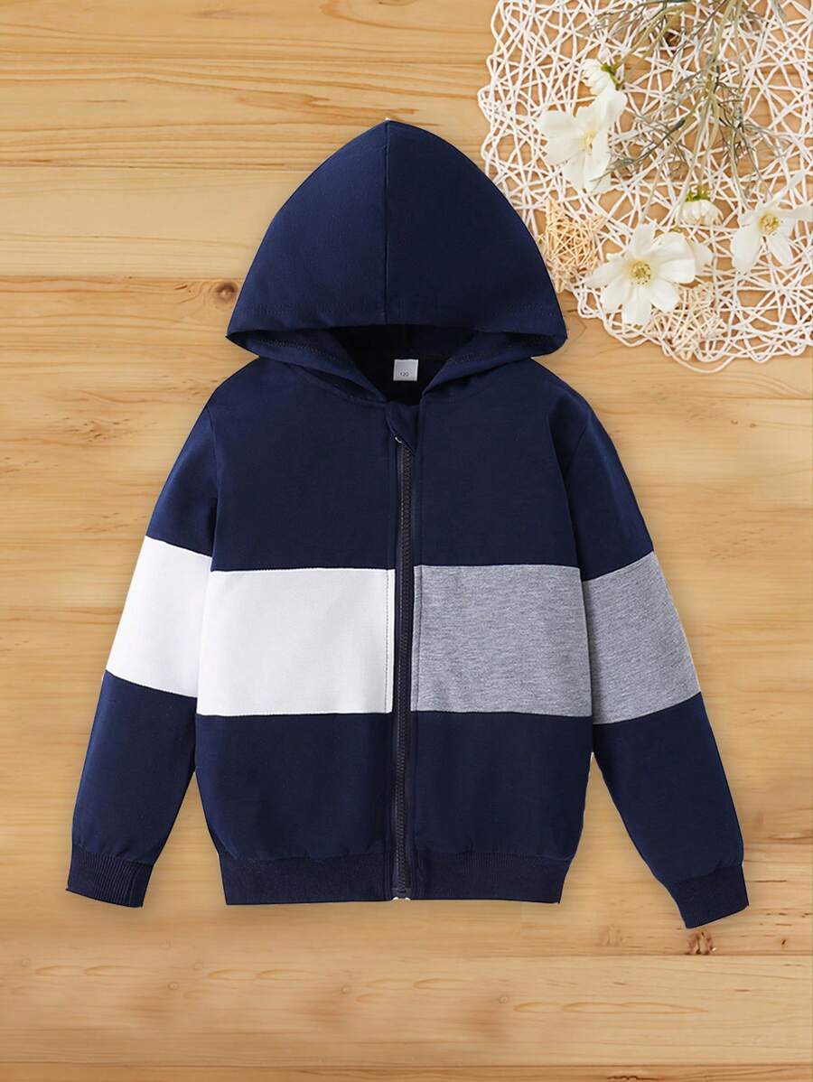 Giacca sportiva con chiusura lampo e cappuccio a blocchi di colore per ragazzini, per primavera e autunno
