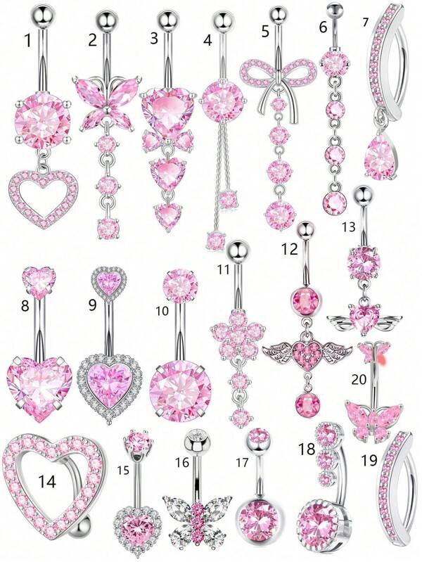 1 pieza Perforación de ombligo con pendiente, joyería para el ombligo con lindo corazón de CZ rosa con lazo y flor, anillo de ombligo de acero inoxidable plateado de 14G, delicado y colgante, para fiesta, verano, playa, regalo, sexy, San Valentín, mamá, madre, Día de la Madre