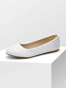 Women's Rhinestone Glitter Ballet Flats Slip-On Elegant Comfortable Round Toe Solid Color Party Wedding Shoes - 白色 - 查看 5