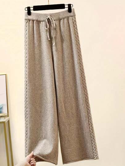 Twist Knitted Wide-Leg Pants, Casual Drawstring Elastic Waist Sweater Pants For Autumn Winter, Without Top
