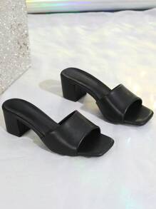 2025 Elegant Women's Black High Heels, Summer Fashion Elegant Women's High Heel Sandals, Simple Slip-On Thick Heel Square Toe Mules, Leather Women Shoes