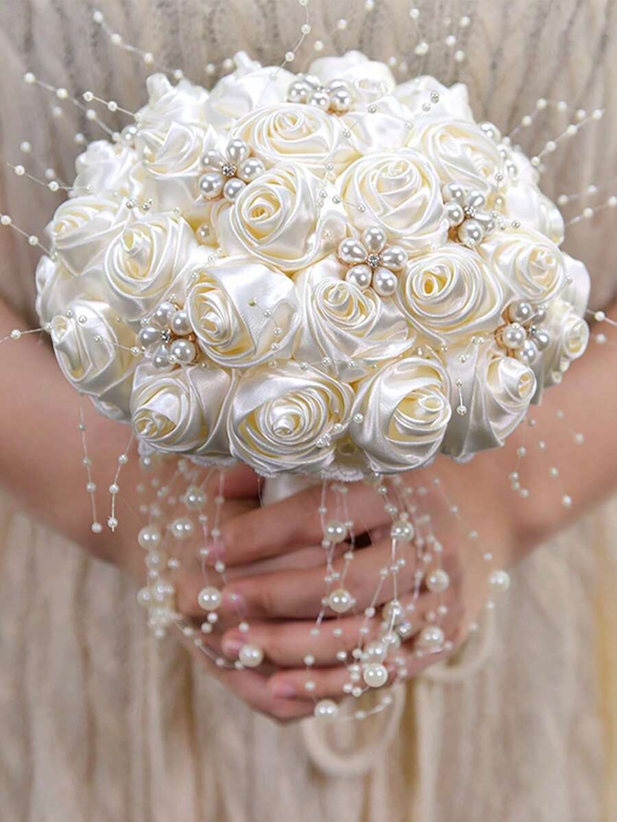 1PC White Wedding Bouquet For Bridal With Rhinestone Brooch Satin Holding Toss Artificial Flowers Bouquet For Bride Bridesmaid Quinceanera Handmade Satin Rose Bridal Bouquet Stunning Wedding Bouquets - 白色 - 查看 1