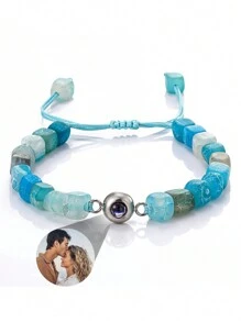 1pc Customized Photo Projection Bracelet, Personalized 6mm Natural Stone Photo Projection Bracelet, Square Agate Bangle For Women, Gift For Girlfriend, Photo Commemorative Gift