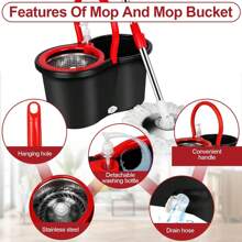 Spin Mop And Bucket With Wringer Set, 360° Spinning Mop Bucket Systemt And 3 Microfiber Mop Replacement Heads 61" Stainless Steel Adjustable Handle For Floor Cleaning - Black - View 3