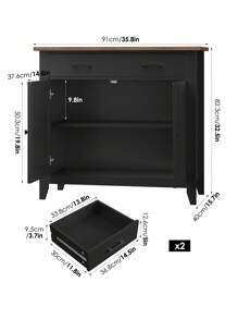 Sideboard, Kitchen Cabinet With 2 Drawers And 2 Doors, Kitchen Island With Worktop For Kitchen, Living Room, Dining Room, Wood, 82 X 40 X 91 Cm - 黑色 - 查看 5