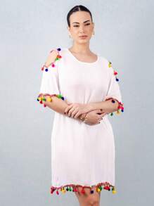 Short-Sleeved Viscose Dress With Pompom Cutout On The Sleeve And Hem, White #100714 - 白色 - 查看 2