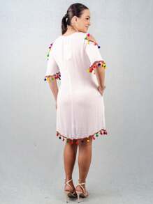 Short-Sleeved Viscose Dress With Pompom Cutout On The Sleeve And Hem, White #100714 - 白色 - 查看 3