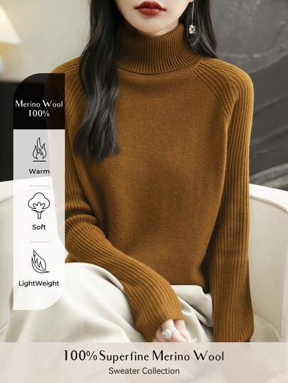 Women's Turtleneck 100% Merino Wool Sweater 2024 Fall Winter Classic Warm Soft Raglan Long Sleeve Knit Sweater