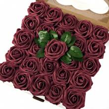50 piezas, Decoración de flores de rosas borgoña, arreglo de flores artificiales, estilo vintage de rosas de espuma falsas para ramos DIY, boutonnières, centros de mesa, suministros para bodas, despedidas de soltera, compromisos, fiestas de cumpleaños, adornos navideños, accesorios festivos - Burdeos - Ver 2