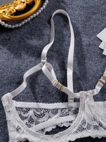 Bộ đồ lót ren rỗng gợi cảm màu đen quyến rũ dành cho quý cô - trắng - Xem 2