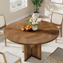 Tribesigns Round Dining Table Wood Kitchen Table For Dining Room Living Room, 39.37" Dining Table For 4 People, Farmhouse Dinner Table With Wooden Table Top And Legs, Rustic Brown (Without Chair) - Brown - View 2