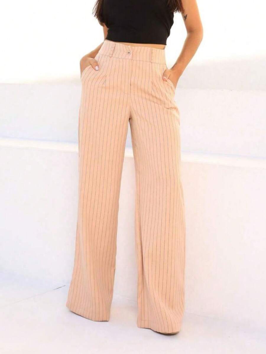 Wide Leg Striped Tailor Pantalona Pants. - Khaki - View 1