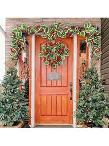 2 piezas 2M Guirnalda de hojas de acebo artificial, guirnalda de luces, guirnalda de bayas rojas, adorno DIY para árbol de Navidad, decoración para fiesta - Multicolor - Ver 10