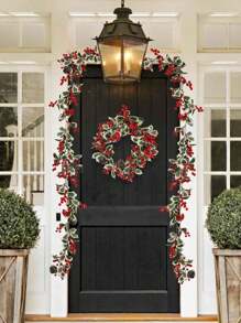 2 piezas 2M Guirnalda de hojas de acebo artificial, guirnalda de luces, guirnalda de bayas rojas, adorno DIY para árbol de Navidad, decoración para fiesta - Multicolor - Ver 11