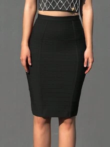 女士绷带裙紧身裙性感俱乐部派对明星优雅裙子女士铅笔裙 - 黑色 - 查看 2