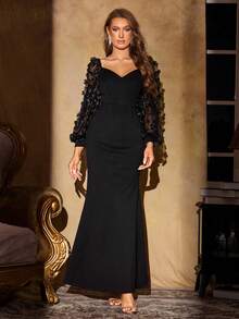 Fuaheng 甜心领刺绣网眼透视长灯笼袖超长晚礼服，黑色，优雅正式舞会礼服，适合婚礼宾客、毕业典礼、晚宴派对礼服 - 黑色 - 查看 3