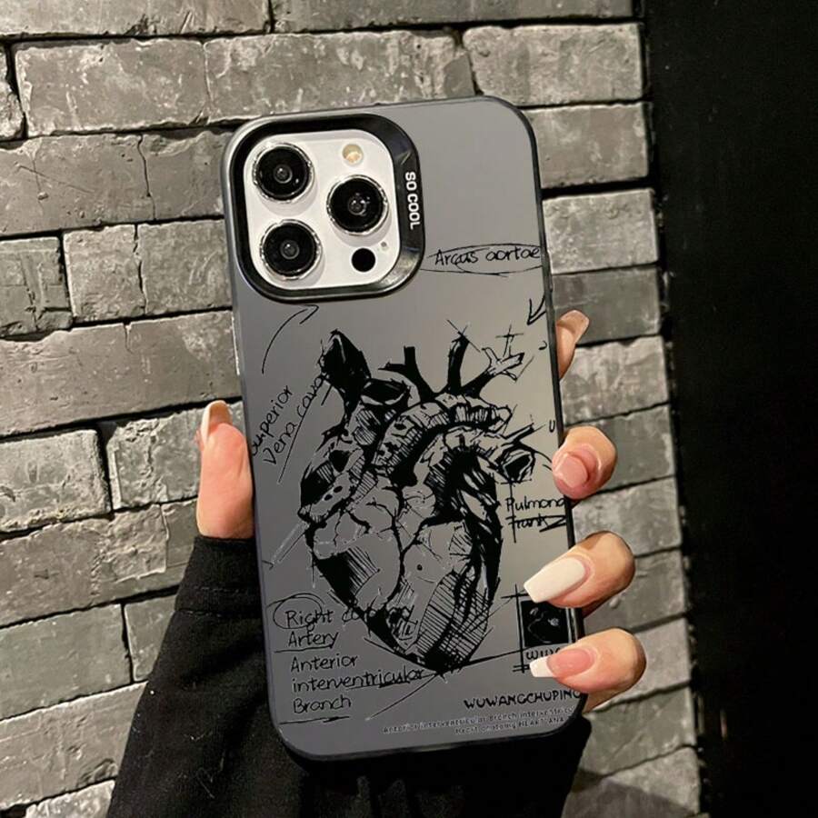 1 Pc Sketch Heart-Shaped Design Anti-Fall And Anti-Slip Phone Case, Compatible With IPhone15 Pro Max/11/12/13/14/Pro/Pro Max Series - Black - View 1