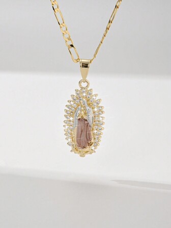  1pc Fashionable & Simple Copper Inlay Cubic Zirconia Embossed 3-Color Virgin Mary Pendant Necklace, Blessing Gift Box For Couples, Friends, Holidays