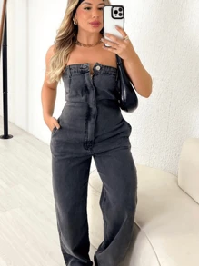 Women's Long Graphite Denim Jumpsuit - 深灰色 - 查看 2