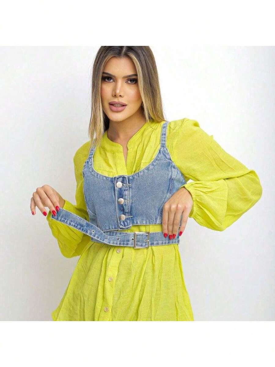 Women's Cropped Top Jeans Buttons Belt Stylish Fashion Gringa Blogger Women - Màu xanh lam - Xem 1