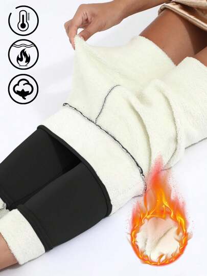 女士高腰保暖内衬打底裤，涤纶混纺针织面料，可机洗，休闲简约风格九分紧身裤，适合冬季穿着