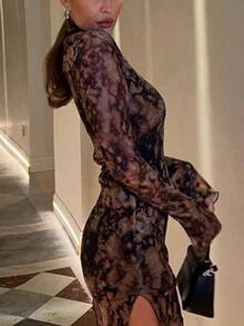 1pc Digital Printed Fitted Long Sleeve Dress - Rust Brown - View 4