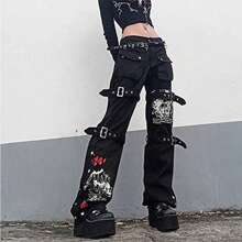 Women Gothic Cargo Pants Punk Loose Low Waist Trousers Wide Leg Baggy Jeans Harajuku Streetwear(Belt Not Included) - màu đen - Xem 1