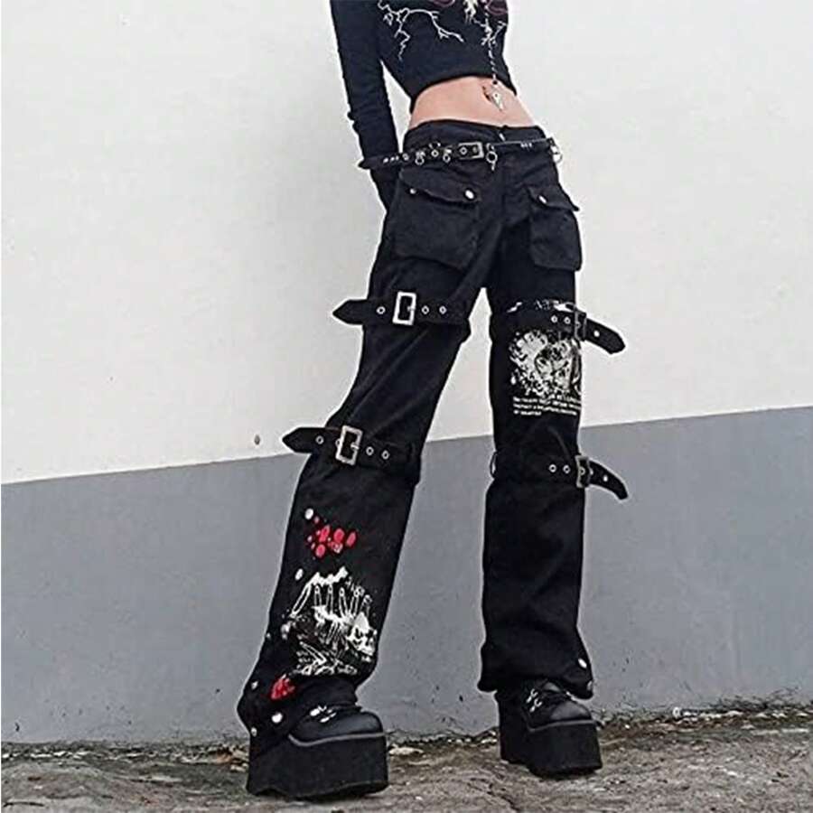 Women Gothic Cargo Pants Punk Loose Low Waist Trousers Wide Leg Baggy Jeans Harajuku Streetwear(Belt Not Included) - màu đen - Xem 1