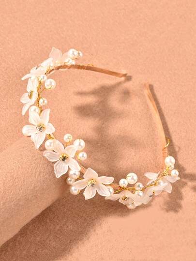 1pc Girl Flower & Pearl Headband, For Wedding Party, Vacation, Holiday Accessories