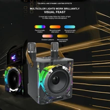 1个音箱+2个麦克风，配备4种LED滚动灯，适用于家庭电视、KTV、户外便携式卡拉OK无线蓝牙音箱，4英寸10W音箱、麦克风、音响一体机 - 彩色 - 查看 2