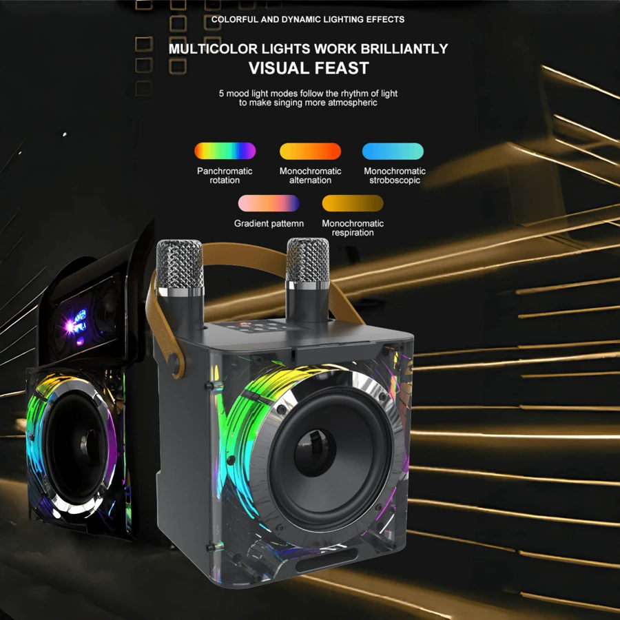 1个音箱+2个麦克风，配备4种LED滚动灯，适用于家庭电视、KTV、户外便携式卡拉OK无线蓝牙音箱，4英寸10W音箱、麦克风、音响一体机