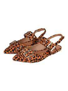 Slingback Shoes With Double Buckle Strap Varnish Fashion Elegant Pointed Toe Flat - 捷豹印花 - 查看 4