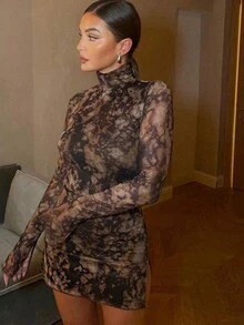 1pc Digital Printed Fitted Long Sleeve Dress - Rust Brown - View 2