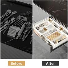 Organizador de utensilios para cajones de cocina, bandeja expandible para utensilios de cocina, soporte ajustable para cubiertos y utensilios, divisor de almacenamiento para espátulas de cocina y herramientas plásticas - Multicolor - Ver 2