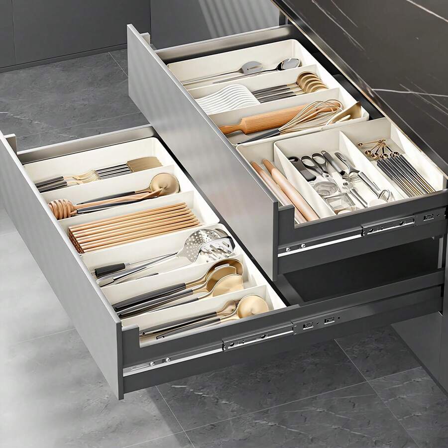 Organizador de utensilios para cajones de cocina, bandeja expandible para utensilios de cocina, soporte ajustable para cubiertos y utensilios, divisor de almacenamiento para espátulas de cocina y herramientas plásticas - Multicolor - Ver 1