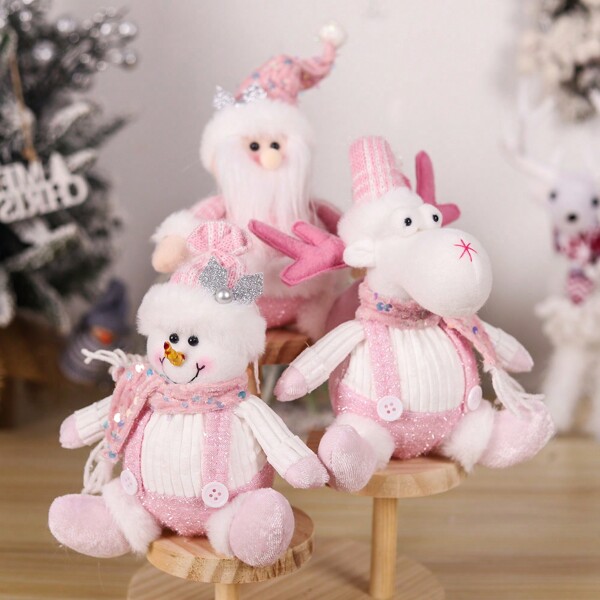 1 pieza/Set de 3 piezas Nuevas figuritas colgantes de Papa Noel color rosa, accesorios de decoración para la escena de fiesta de Navidad, decoración del árbol de Navidad, figurita de muñeco de nieve y reno rosado de dibujos animados sentados, decoración del bosque nórdico, adornos de mesa para el hogar, dormitorio, sala de estar, adecuado para fiestas, estilo rústico, decoración del hogar, Navidad