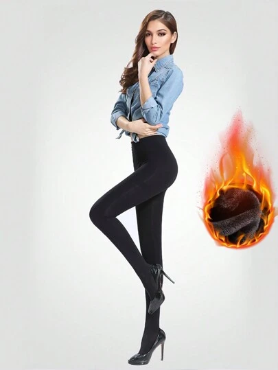 1pc Women's Black Thermal Lined Tights Thick Skinny Leggings Pantyhose Leg Slimming Shapewear, Autumn/Winter