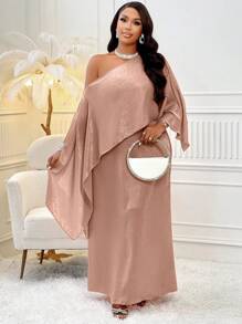 BIUBIU 加大不对称领口斗篷袖连衣裙