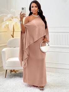 BIUBIU 加大不对称领口斗篷袖连衣裙