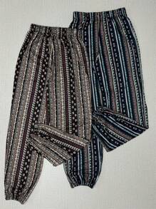 2 pièces Pantalon de pyjama à imprimé floral, avec taille élastique confortable pour les femmes, vêtements de nuit et d'intérieur
